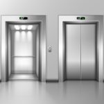 Lift doors, elevator close and open. Building hall interior with chrome metal gates, buttons and stage number panels, indoor transportation in house, office or hotel, realistic 3d vector Illustration