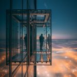 A person standing and enjoying the beautiful view of the city on a balcony with glass walls in a tall skyscraper